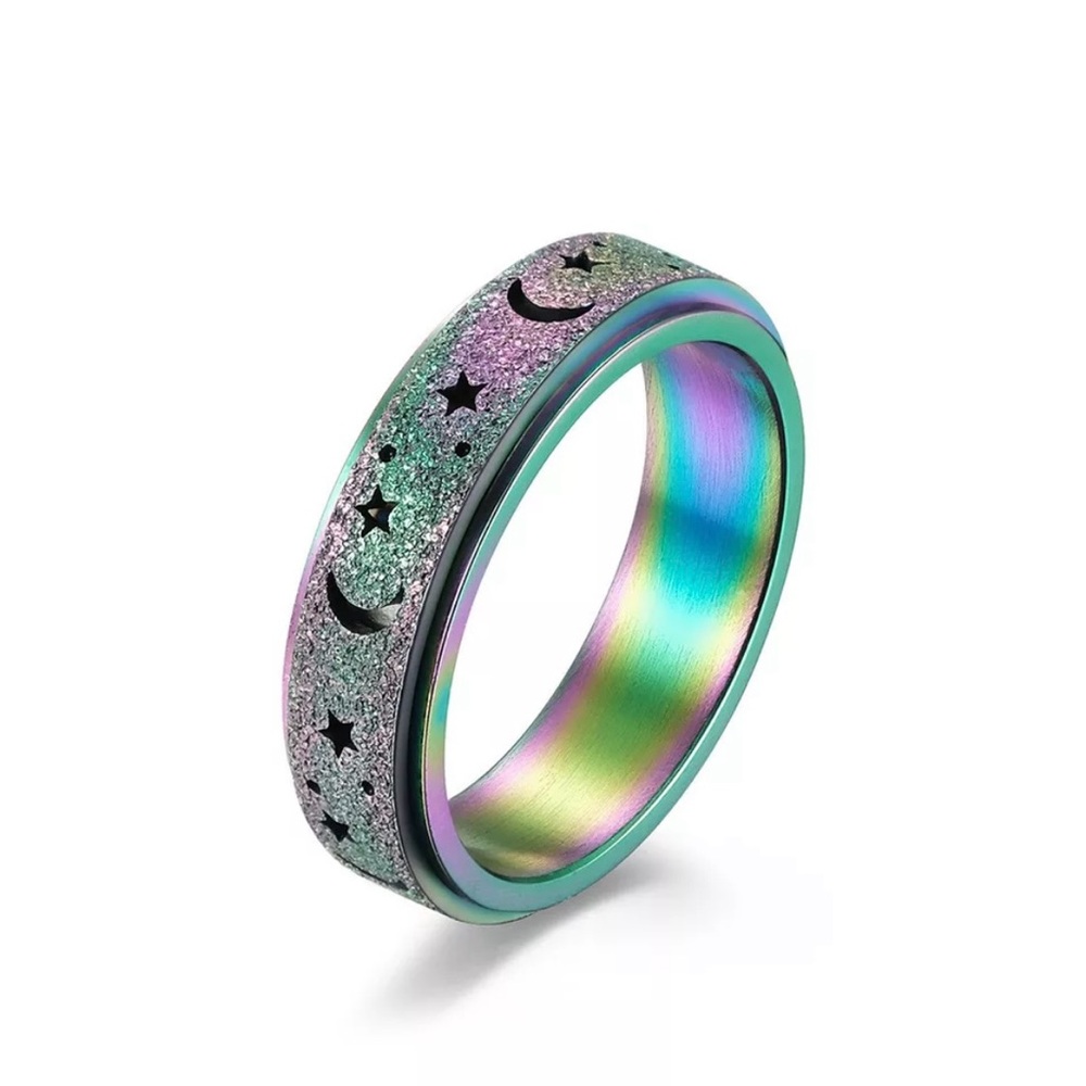 NEW•Rainbow Matte Moon & Stars SS 6mm rotating ring